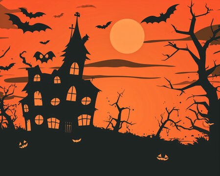 Halloween illustration featuring a haunted house silhouette