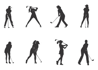 woman playing golf in various poses isolated vector silhouette on white background