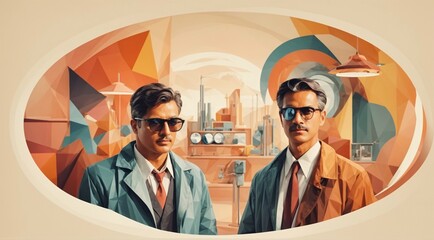 Portrait of two businessmen in office. Vintage style. 3D rendering