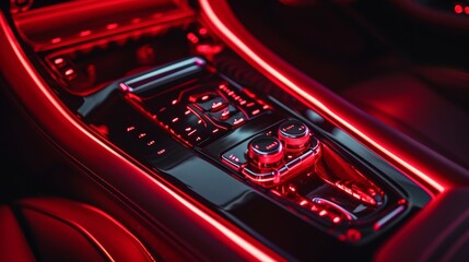 The glowing red lights of the gear shift indicator give off a sporty and dynamic vibe.