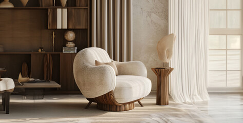 chair on a wooden table, an armchair with a white accent and wood