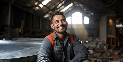 portrait of a man in a helmet, man standing in warehouse, man in the street, portrait of a person in the city, latino welder in spring in a steel warehouse that doe