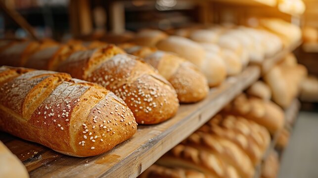 Close shot of fresh bakery breads kept on wooden rack on bakery showcase with a big copy space, Generative AI.