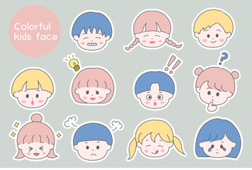 カラフルな子供の顔のステッカーセット　白ふちあり