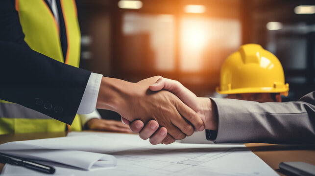 a moment of partnership and contract initiation in the construction industry. features a yellow safety helmet on a workplace desk
