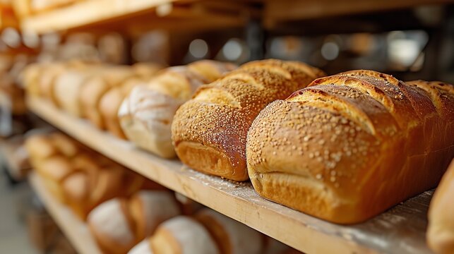 Close shot of fresh bakery breads kept on wooden rack on bakery showcase with a big copy space, Generative AI.