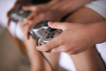 Hands, friends and video controller for games playing or home entertainment as online competition,...