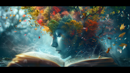World Poetry Day, 21 March, Girl Head Create With Trees On Book, World Book Day, Women Day, Generative Ai