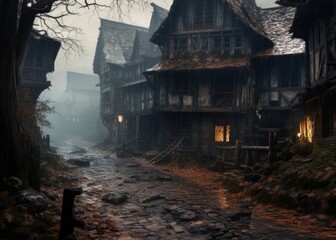 Fototapeta na wymiar medieval old houses, in the style of dark fantasy, wood, medieval halloween