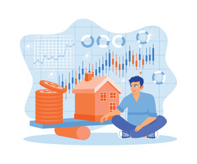 A young man balancing between a house model and a pile of gold coins on a seesaw. House Model Balance Equilibrium Concept. Flat vector modern illustration 