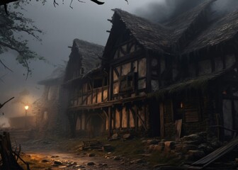 Fototapeta na wymiar medieval old houses, in the style of dark fantasy, wood, medieval halloween