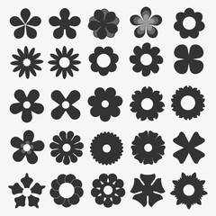 Fototapeta premium Flower icons. Flower silhouettes. Symbol of floral design. Pattern of daisy, rose and chamomile. Set of cartoon simple graphic shape isolated on white background. Vector.