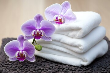 Spa still life with towels and orchids on wooden background