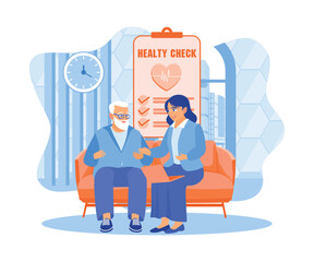 Female doctor sitting with an elderly patient. Explain the results of examinations and medical examinations. Doctor Talking To Elderly Patient Concept. Flat vector illustration.