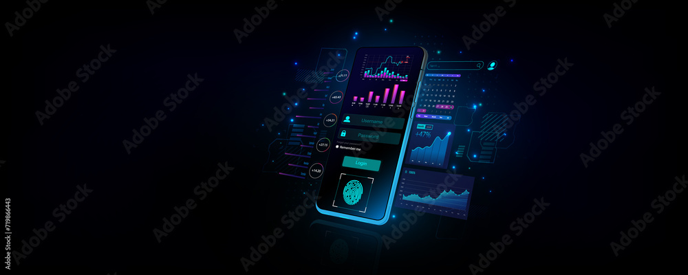 Poster the idea behind smartphone technology stock trading finance marketing charts showing information on 