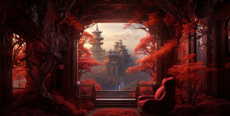 a wide angle shot of an imperial Chinese throne room - obrazy, fototapety, plakaty