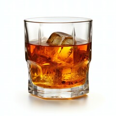 Glass of whiskey with ice cubes isolated on white background