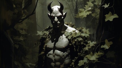 portrait of a muscular devil standing in an old dark forest - obrazy, fototapety, plakaty