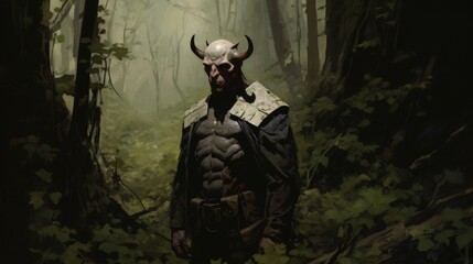 portrait of a muscular devil standing in an old dark forest