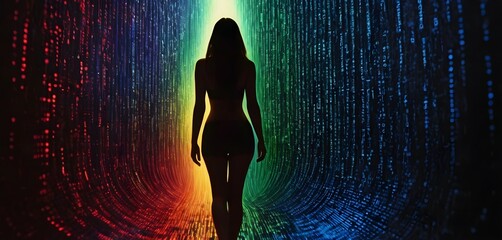 silhouette of a person. cascade of colorful binary code background