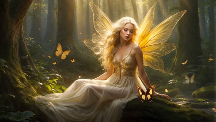 Fairy Gold Girl Woman Butterflies Magic Forest Enchanted