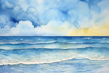 Watercolor seascape with blue sky, clouds and sea waves