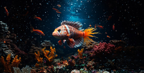 Fototapeta na wymiar fish in aquarium, coral reef with fish, fish tank cinematic dram