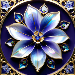 AI prompt: 4K+ graphic of an intricate bluebell flower with mother-of-pearl, gemstones, and gold, capturing a captivating and enchanting atmosphere.(Generative AI)