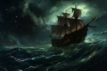 Pirate ship in stormy sea - obrazy, fototapety, plakaty