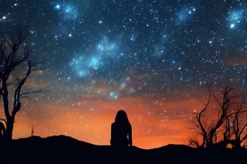 Silhouette of a woman sitting on the hill and looking at the milky way - obrazy, fototapety, plakaty