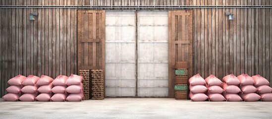 In front of door vintage structure wooden rice storage walls are made of galvanized sheets.