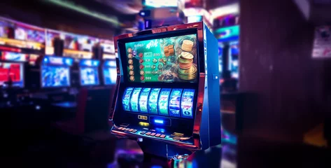 Fotobehang casino machine, slot machine in the casino, slot machines at night in casino, people walking in the city at night, Kiosk arcade slot machine © Waris