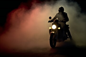 Silhouette of a man riding a motorcycle on a dark toned foggy background