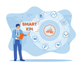 Entrepreneur accessing SMART KPI business technology on a virtual screen. KPI concept. flat vector modern illustration 
