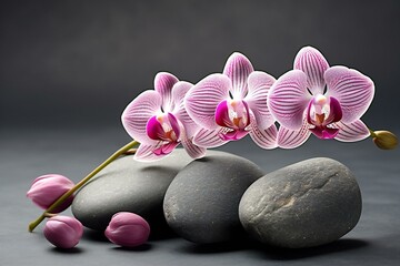 Spa still life with pink orchid flower and zen stones