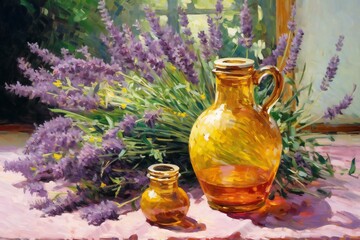 Obraz na płótnie Canvas Still life with a jug of oil and a bouquet of lavender