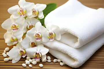 Spa still life with white orchids and towels on wooden background