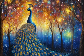 Peacock in the forest,  Illustration of a peacock - obrazy, fototapety, plakaty