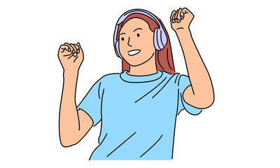 line art color of woman wearing a headphone vector illustration
