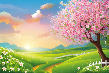 Pink Cherry Blossom Hill Background on a Spring Day Full of Green. Generative AI