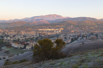 Sunrise on Mt Diablo seen from a frosty hill in San Ramon, California