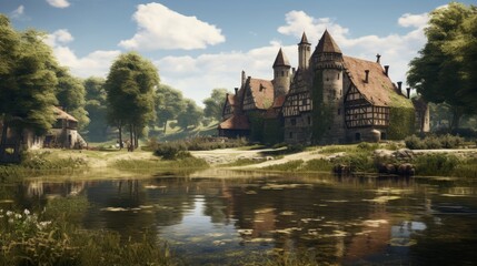 Fototapeta na wymiar the medieval noble manor over by a pond