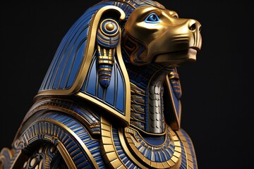 Illustration of a Golden Egyptian Lion Statue on Black Background