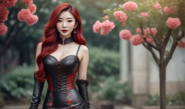 A shot of a beautiful asian woman in a red corset