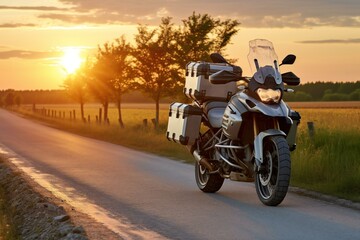 Fototapeta na wymiar Motorcycle on the road in the countryside at sunset or sunrise