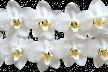 White orchid flowers with water drops on black background, close up