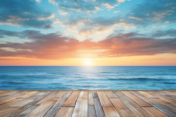 Fototapeta na wymiar Wooden floor with sea and sky background at sunset or sunrise