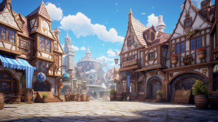 the two story magic shop is over by a town square
