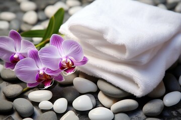 Obraz na płótnie Canvas Spa stones with orchid flowers, towel and space for text