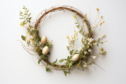 Minimal easter wreath and decor in flat lay style for festive season celebration